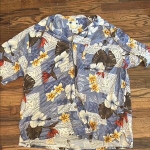 Blue and White Casual Button Down Shirt with Artistic Print